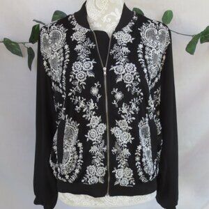 New Society Girl Jacket Trendy Black White Lace Embroidered Zip Up Size XL